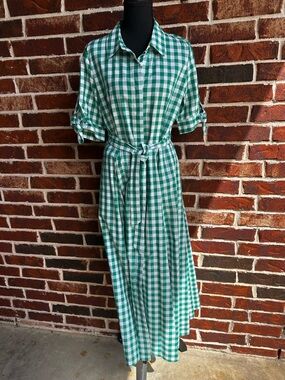 Calvin Klein Green and White Gingham Maxi Shirt Dress with Tie Waist